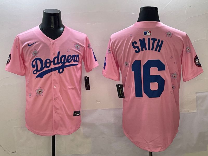 Men Los Angeles Dodgers 16 Smith Pink Sakura Edition 2025 Nike MLB Jersey style 1